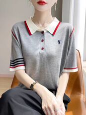 新款POLO领莱赛尔针织短袖女夏季刺绣撞色翻领短袖针织衫，女装针织衫/毛衣，源达羊绒