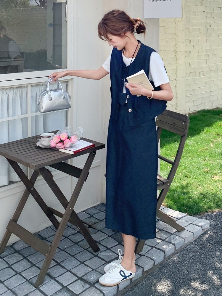 休闲牛仔马甲半身裙套装女夏三件套洋气减龄显瘦遮肉韩系穿搭爆款,女装套装/套裙,慧尚依恋