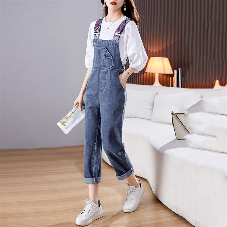 少女感高级甜美俏皮休闲牛仔背带裤女裤子2023年新款春夏，女装连体裤，江南女神