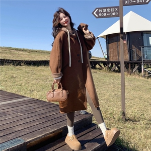 格纹拼接连帽双面呢羊毛咖色外套女秋冬2025新款今年流行爆款大衣图片