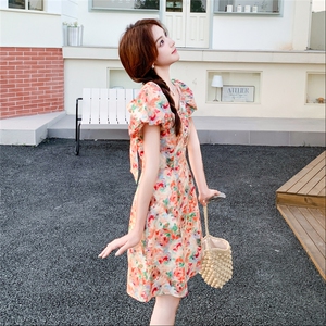 2025新款夏季法式多色印花裙女小个子气质高级感小清新泡泡袖裙子图片