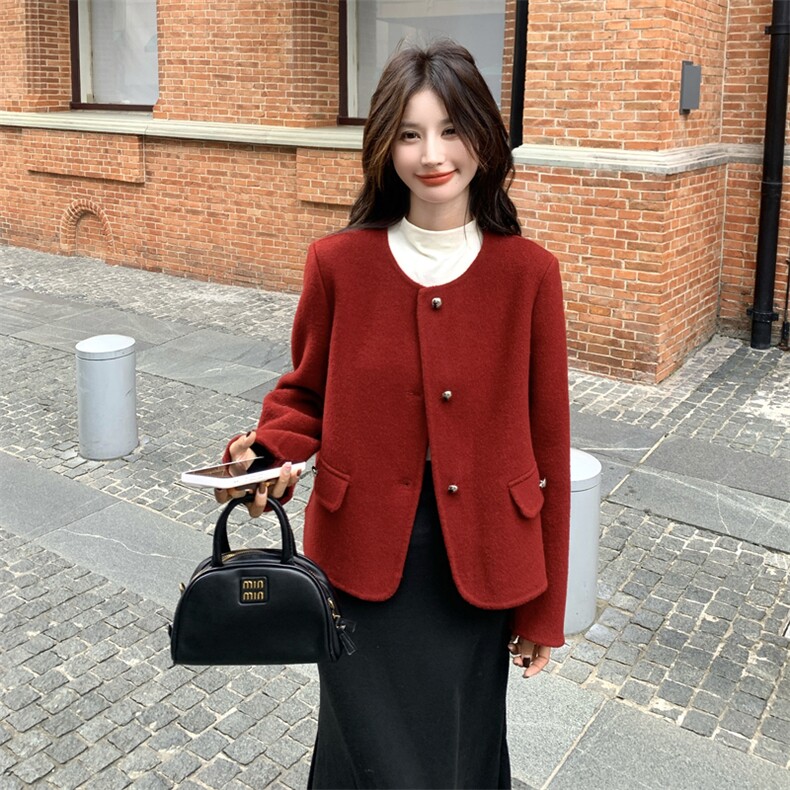 高端气质双面羊毛外套女冬季红色复古显瘦气质圆领短款毛呢上衣潮,女装毛呢外套,2C273