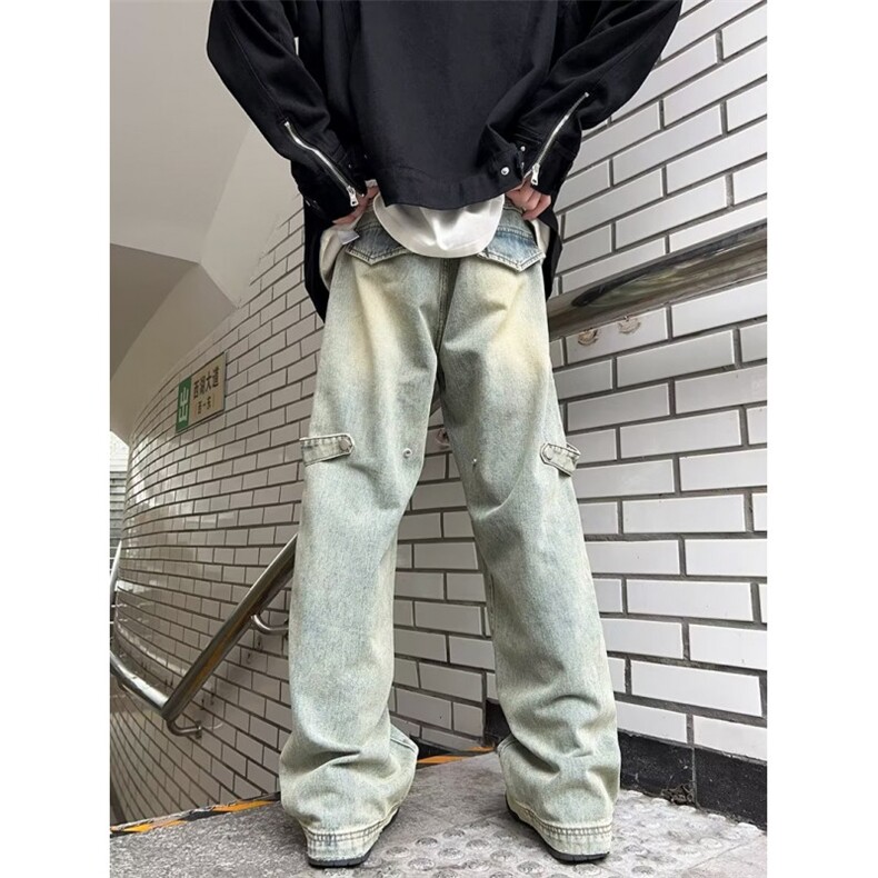 泥黄色工装牛仔裤男春秋季美式高街阔腿裤设计感潮牌宽松直筒裤子,男装牛仔裤,星座813-2