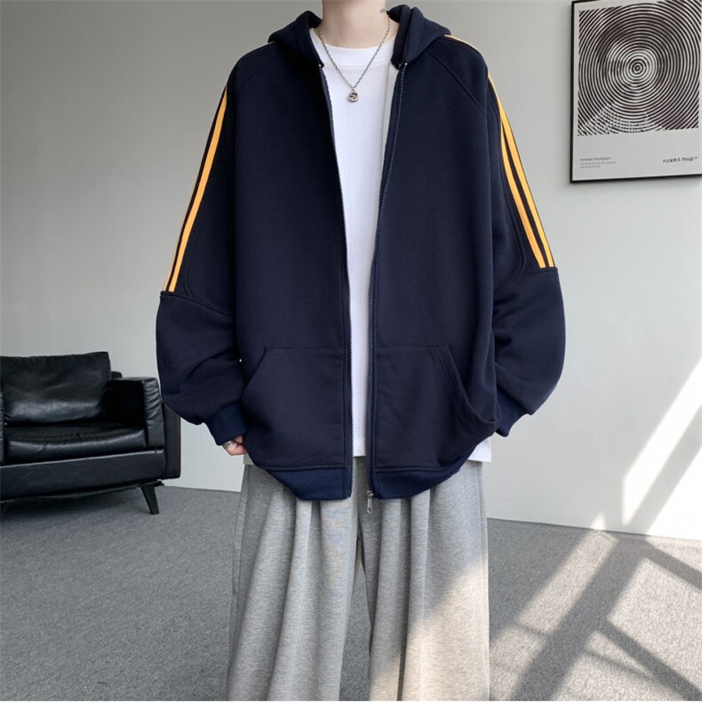 8XL-M秋冬美式运动三条杠条纹开衫卫衣连帽特大码宽松JK5206/P65,男装卫衣,电商B238