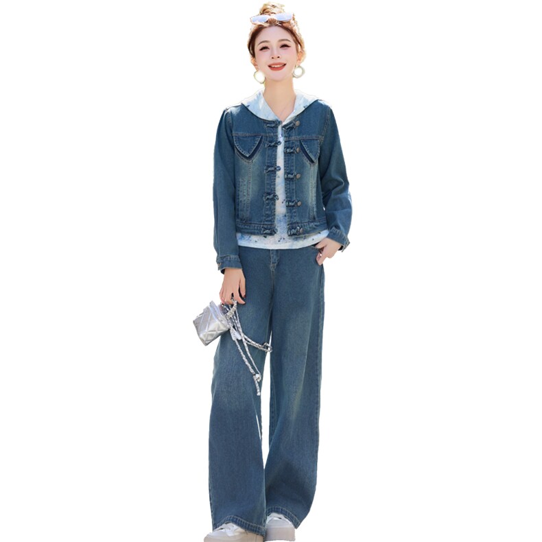 新中式牛仔套装女2025春新款小香风超火休闲减龄阔腿裤穿搭三件套,女装套装/套裙,欣品汇
