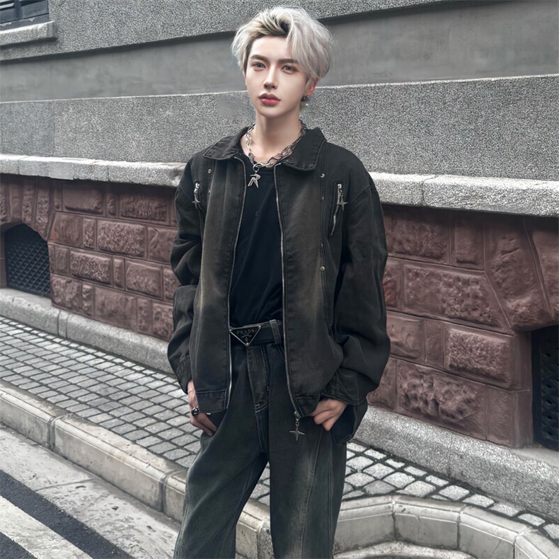 （）小众拉链设计感牛仔外套男生宽松痞帅炸街夹克潮2618-P70,男装工装外套,星座910-5