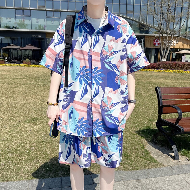 热带植物沙滩套装宽松花衬衫男短袖两件套TZ882/880衣35裤23/TP58,男装衬衫,电商A012