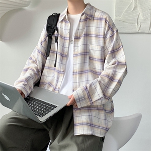 衬衫男长袖青少年港风格子衬衣韩版帅气学生潮流外套秋季CS707P45图片