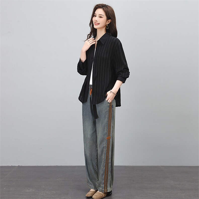 时尚优雅女装套装黑色条纹衬衫搭配宽松牛仔裤,女装套装/套裙,叶笙衣