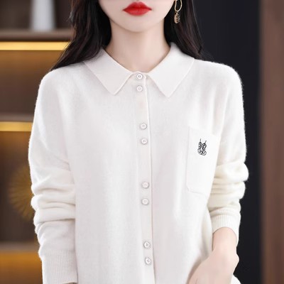 春秋新款刺绣100%纯羊毛开衫女POLO领衬衣宽松毛衣针织羊绒衫外套,女装羊毛衫,梵泰羊绒