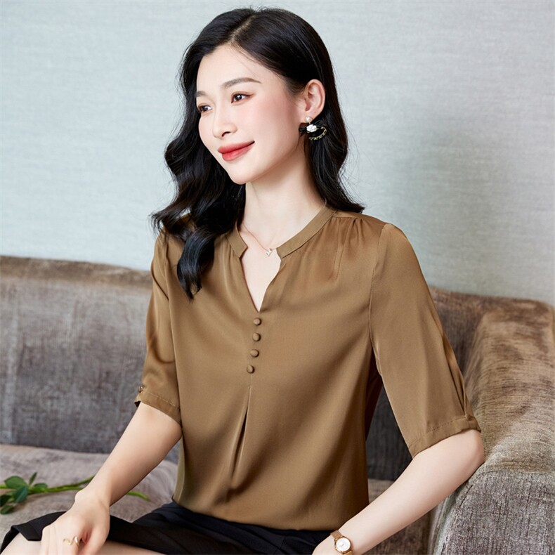 重磅真丝上衣V领气质知性百搭优雅桑蚕丝中袖衬衫大牌小衫通勤女,女装衬衫,阿舍尔精品