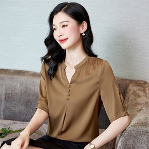 重磅真丝上衣V领气质知性百搭优雅桑蚕丝中袖衬衫大牌小衫通勤女图片