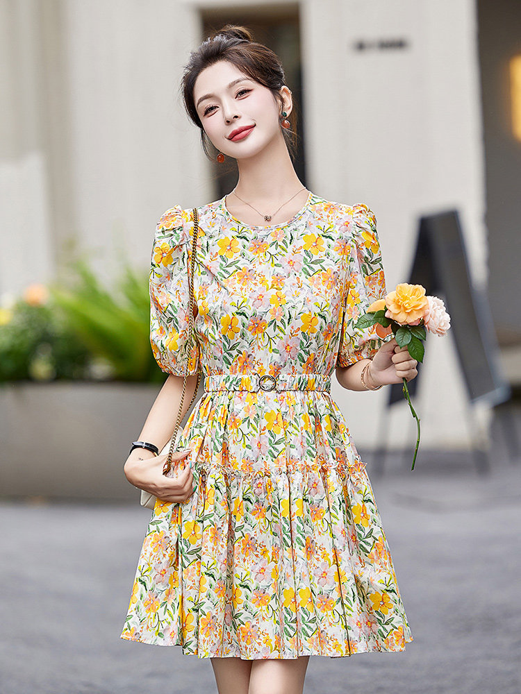 洋气黄色碎花纯棉连衣裙女2025夏新款小个子别致绝美甜美气质裙子,女装连衣裙,美沁