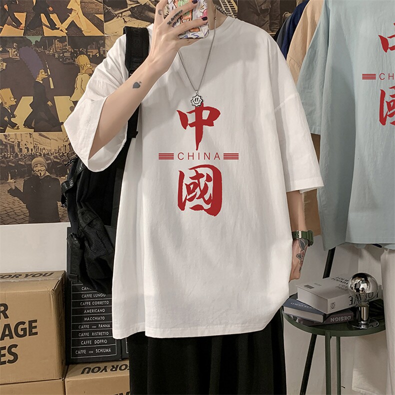 YT26198-P30亚短袖t恤男大码五分袖男宽松七分袖海报风,男装T恤,电商A040