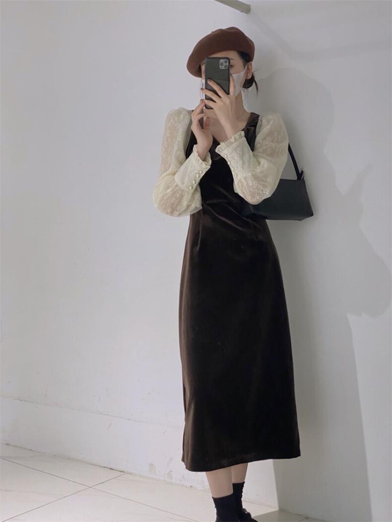 丝绒拼接袖连衣裙，女装连衣裙，驿谷