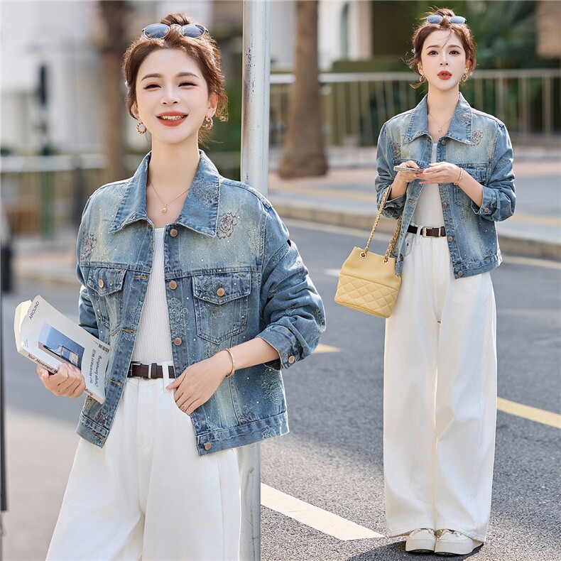 『现货』复古牛仔小香外套2026时尚刺绣小众复古立领短款夹克上衣，女装短外套，意芙