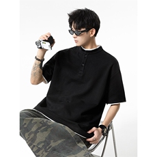 夏季新款港风日系简约假两件亨利领短袖T恤男XZ213-TX22-P35控58，男装T恤，星座213