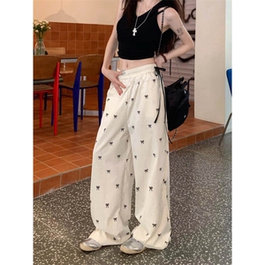 拼接休闲裤蝴蝶结裤子女夏季宽松松紧腰阔腿裤直筒裤 KW48图片