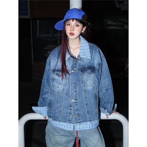 小众设计感格子拼接牛仔外套男女美式潮牌休闲情侣假两件夹克图片