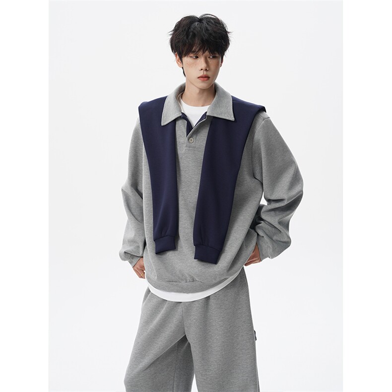 5XL-M潮流高级感披肩撞色拼接翻领百搭卫衣宽松弯刀长裤TZ113P118,男装休闲套装,电商D206-1