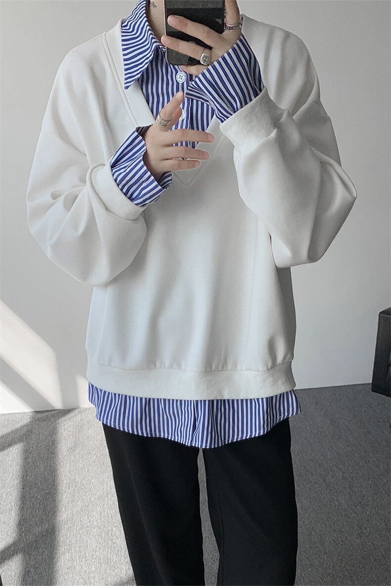 秋冬男士韩系学院风假两件卫衣宽松条纹拼接休闲上衣外套P65,女装短外套,电商B319