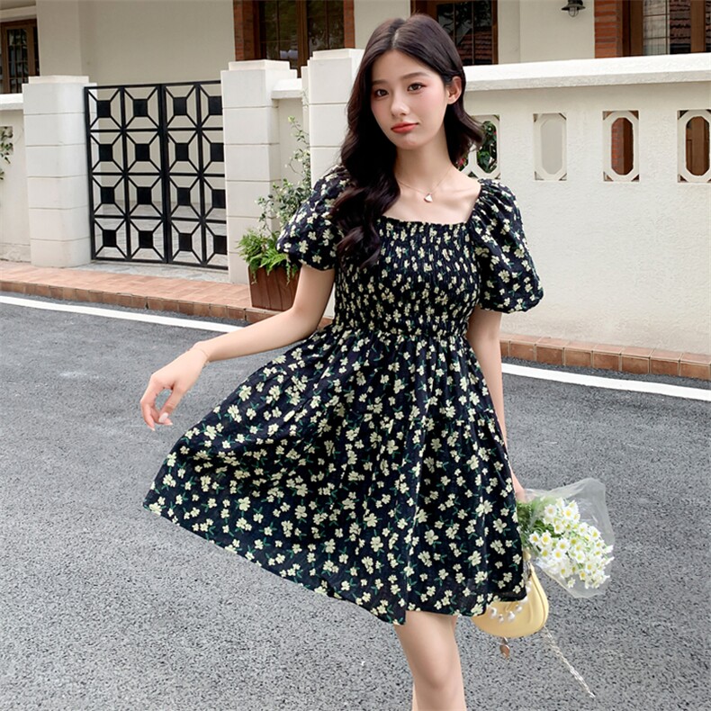 夏季新款方领碎花连衣裙短款B190-82376-P100-K148,女装连衣裙,一九零