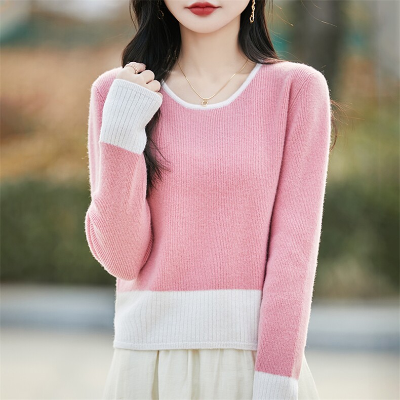 秋冬新款拼色100%纯羊毛衫女圆领针织毛衣气质宽松羊绒衫打底上衣，女装羊毛衫，蒙特羊绒