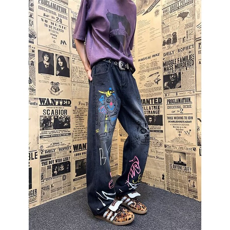 美式高街手绘涂鸦牛仔裤男款春秋小众设计感裤子直筒修身微喇长裤,男装牛仔裤,星座813-3