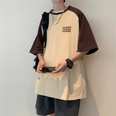 字母刺绣撞色潮流男女夏季宽松休闲短袖t恤复古情侣上衣ST119-P30，男装T恤，星座412