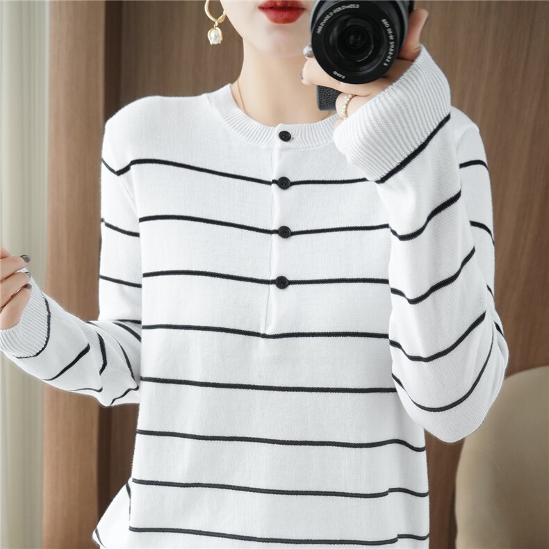 2025年秋季新款百搭女士条纹带扣圆领针织衫，女装针织衫/毛衣，品高羊绒