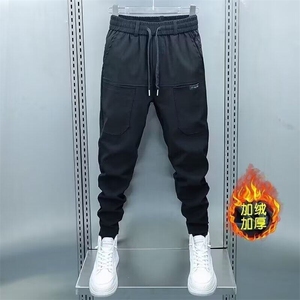 潮牌秋冬新款男士休闲裤痞帅哈伦工装裤加绒修身百搭小脚裤子图片