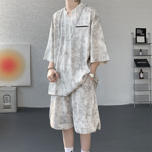TZ791-特批55控98夏季冰感扎染冰丝速干大码短袖短裤T恤套装男