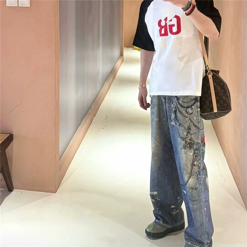 现货重磅高街链条挂坠印花做旧牛仔裤男潮流宽松直筒慵懒风长裤,男装牛仔裤,星座218-1（原230）