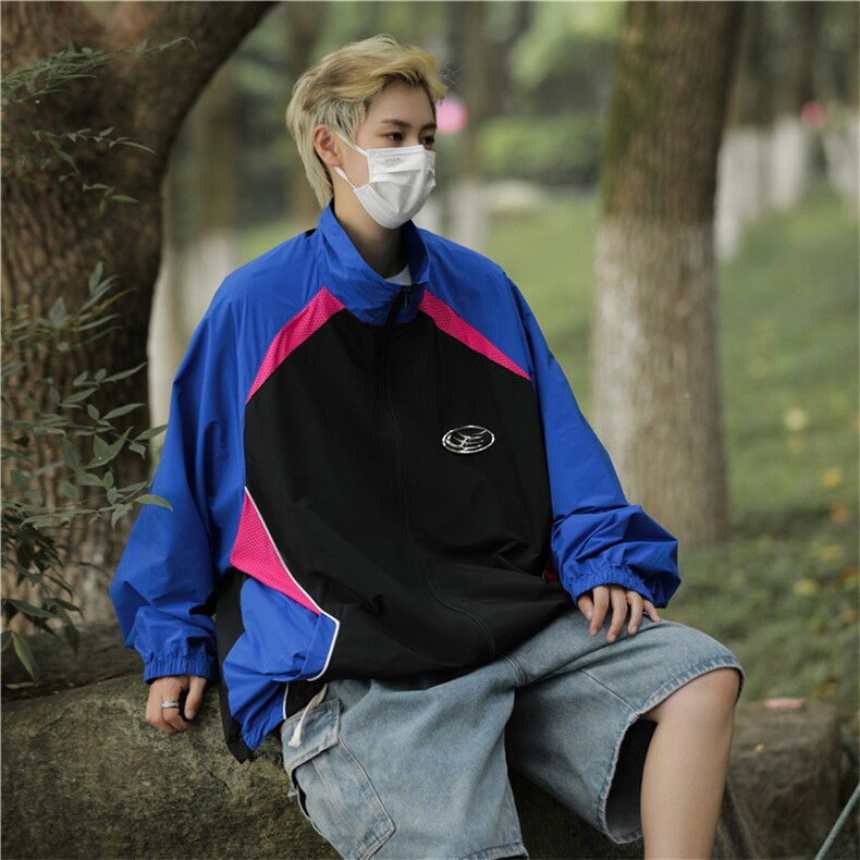 美式复古撞色嘻哈防晒衣外套男女薄夏季宽松防晒服夹克F02544-P48图片