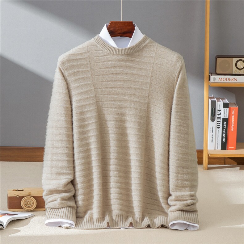 时尚提花山羊绒衫轻盈保暖男毛衣秋冬新款圆领加厚套头休闲羊毛衫，男装羊绒套衫，牧群羊绒