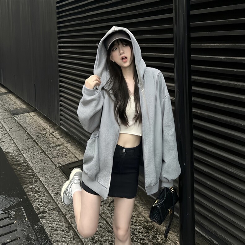 抖音得物高品质秋冬美式高街重磅结构辑明线纹理连帽卫衣外套W111，女装短外套，电商A486-1