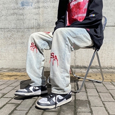 秋季港风ins潮牌刺绣宽松直筒裤美式复古水洗牛仔裤男K5410-P37，男装牛仔裤，星座512-2