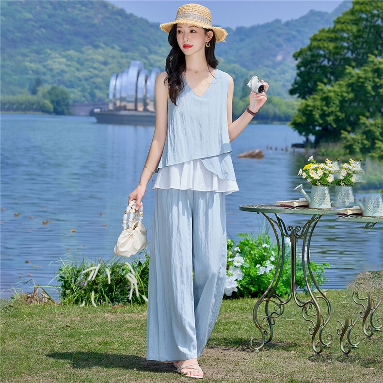 （新款现货）2026夏装时尚莱赛尔花苞假两件上衣阔腿裤套装两件套,女装套装/套裙,印象茜