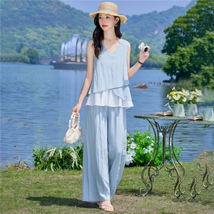 （新款现货）2026夏装时尚莱赛尔花苞假两件上衣阔腿裤套装两件套图片
