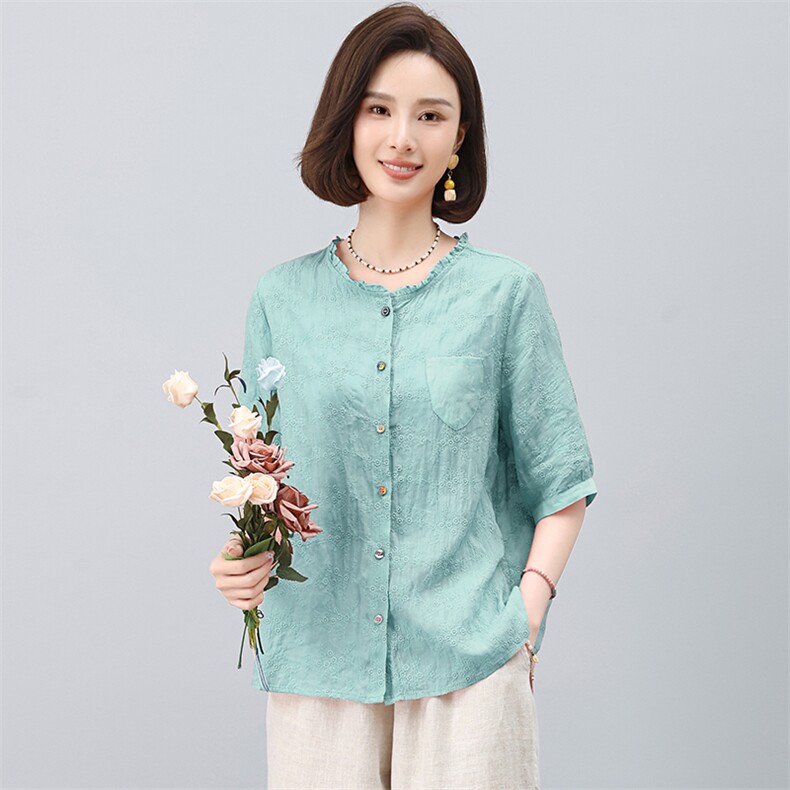 2025夏季纯苎麻简约气质宽松时尚休闲显瘦舒适刺绣上衣，女装衬衫，独衣靓