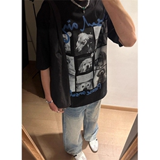 纯棉美式复古九宫格狗狗印花短袖T恤男夏季宽松半袖上衣T1522，男装T恤，星座1116A（原606A-3）