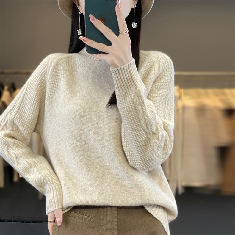 秋冬100%纯羊毛衫女半高领提花加厚亮丝针织毛衣宽松保暖羊绒上衣,女装羊毛衫,忠诺羊绒