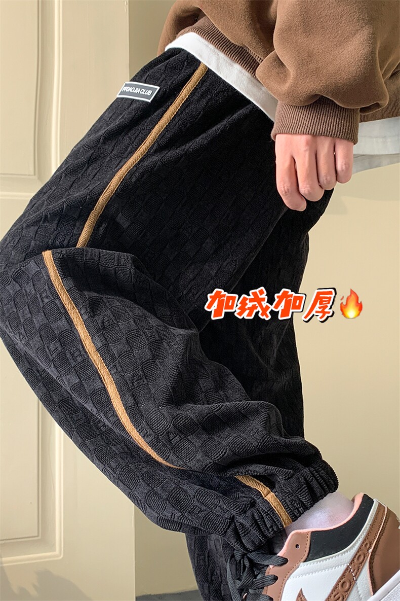 雪尼尔棋盘格加绒束脚运动裤男大码宽松休闲裤子K23730J加绒-P70,男装休闲裤,电商A001-1