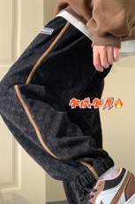 雪尼尔棋盘格加绒束脚运动裤男大码宽松休闲裤子K23730J加绒-P70，男装休闲裤，电商A001-1