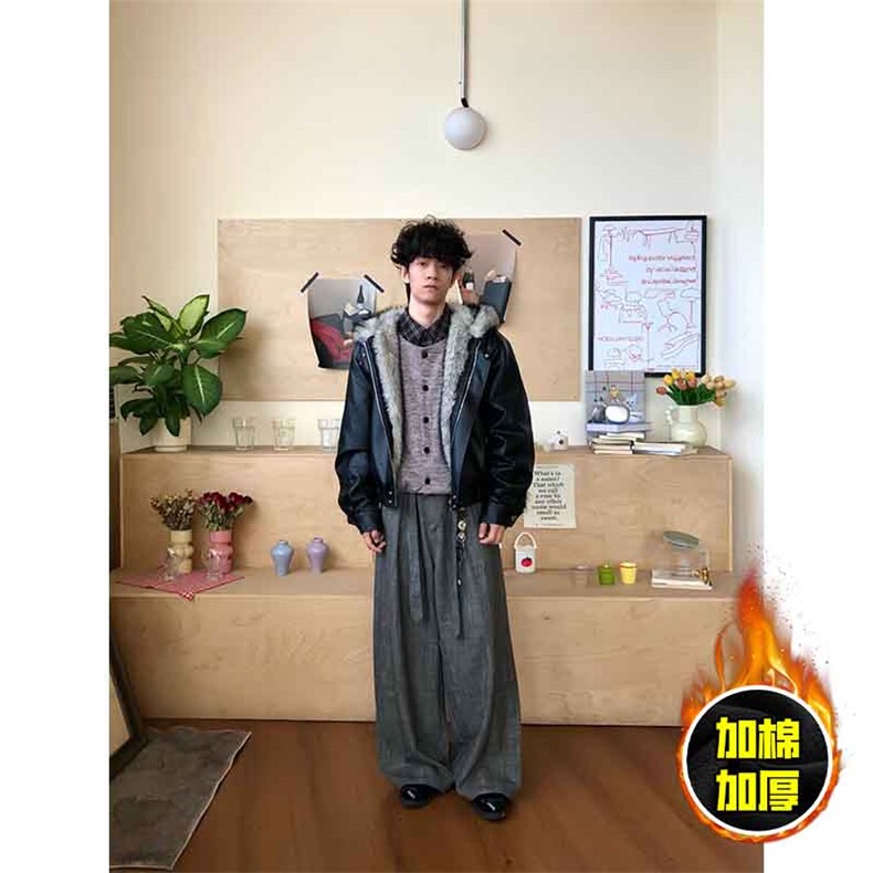 现货冬季美式潮牌痞帅PU皮机车服棉衣毛毛绒狼王座山雕皮棉服,男装棉衣,电商A486-1