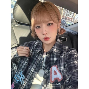 格子衬衫女春秋季美式设计感小众叠穿衬衣外套长袖上衣 C46图片