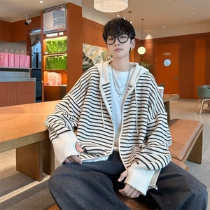 甜美条纹慵懒宽松学院连帽厚实毛衣外套长袖拉链常规开衫ins7068图片