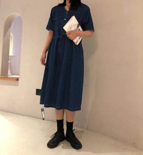 夏季水洗棉牛仔长裙，女装，金子