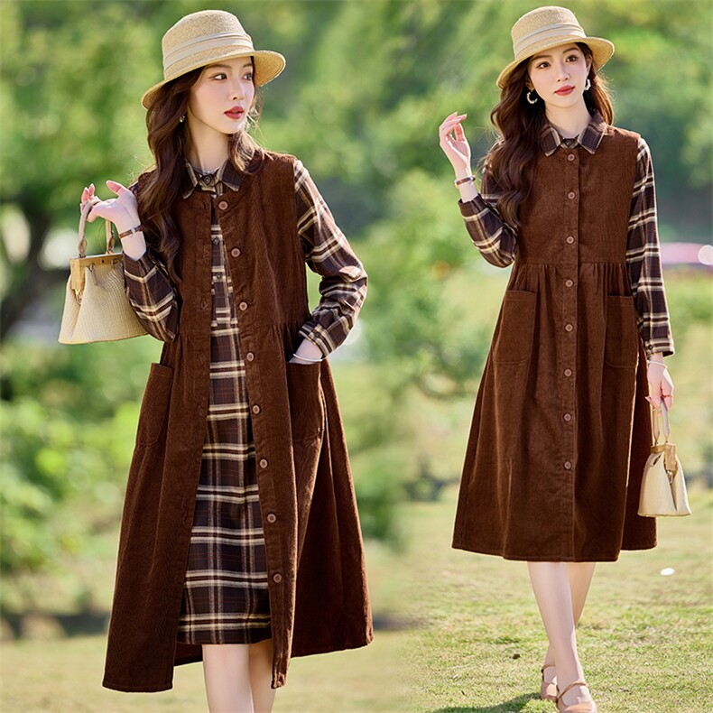 灯芯绒气质连衣裙女春季新款时尚减龄无袖背心裙高级感A字裙，女装套装/套裙，水衣源