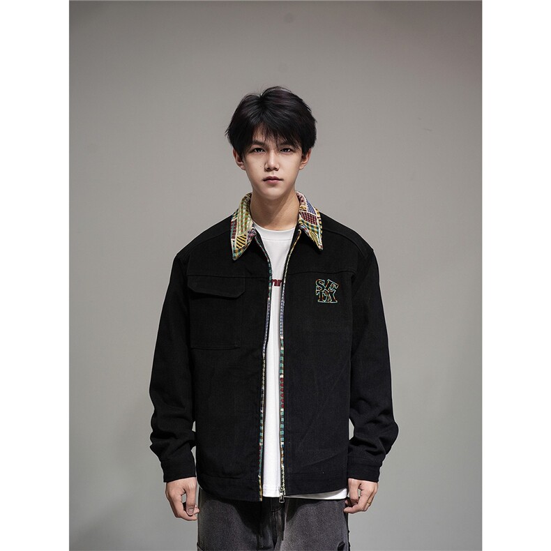 2025春季新款美式潮牌翻领彩色格子夹克外套黑色男W6898-P62,男装夹克,星座412-3
